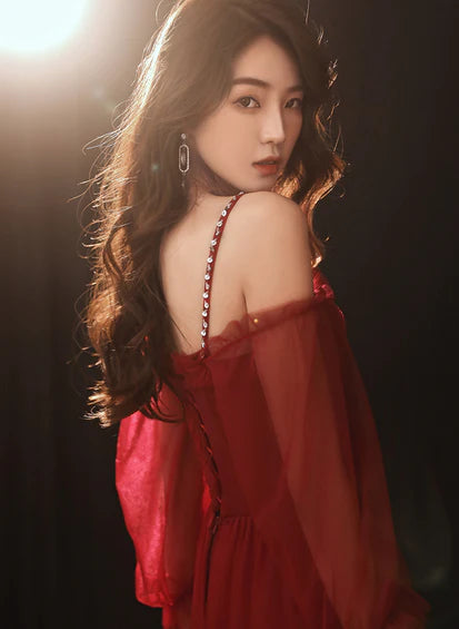 A-line Wine Red Beaded Straps Tulle Prom Dress